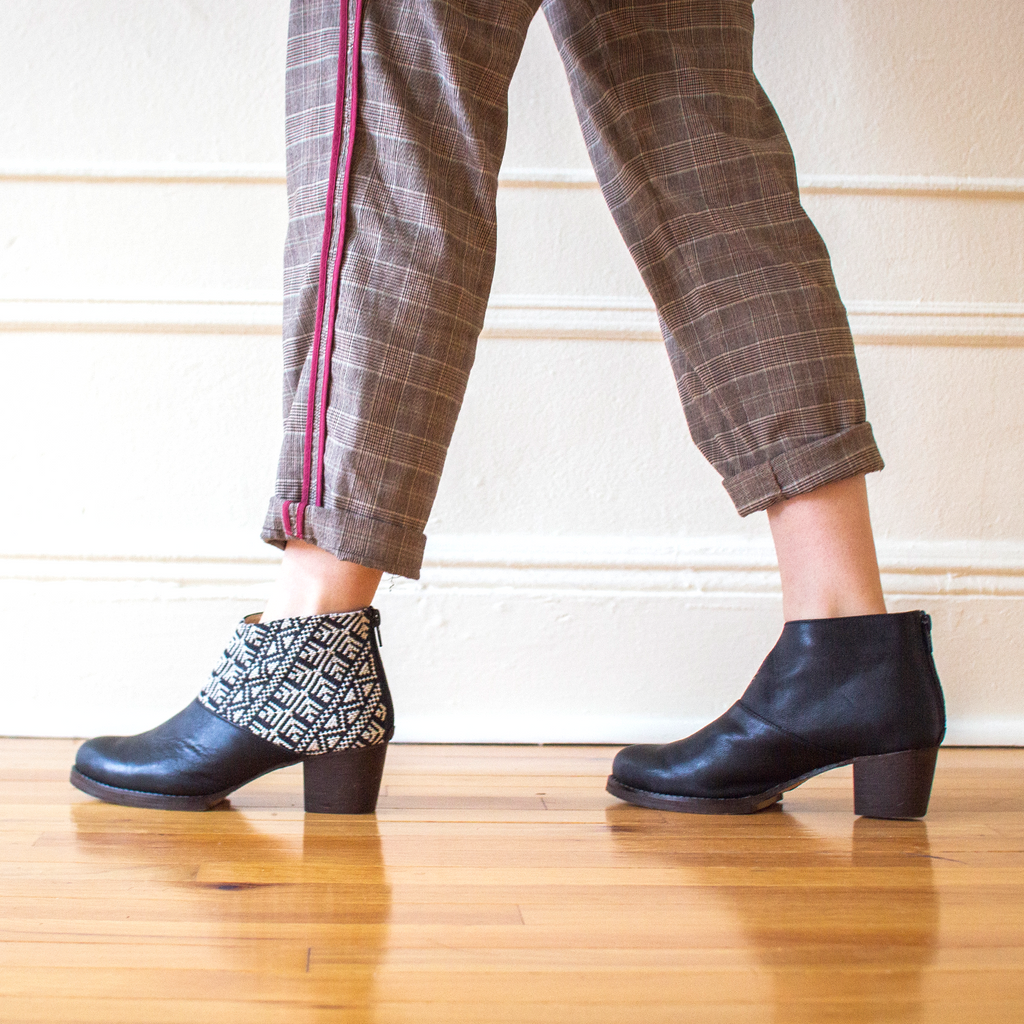 Ankle Boot in Black and Ecru | Ethically Made Hand-Embroidered Leather Flats Shoes | Darzah